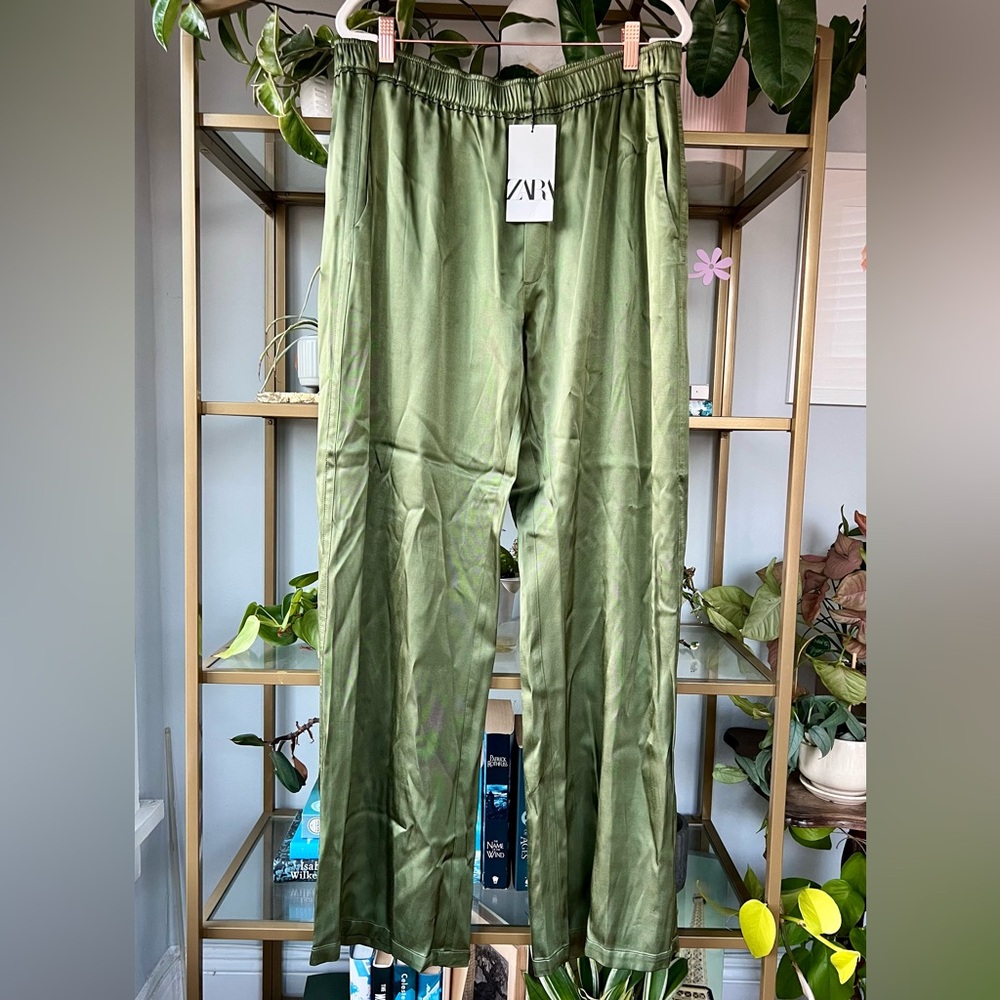 Zara Olive Green Satin Effect Wide Leg Pants in XL
